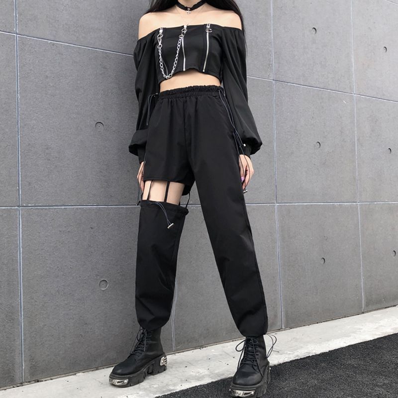 High Waist Plain Cutout Straight Leg Cargo Pants