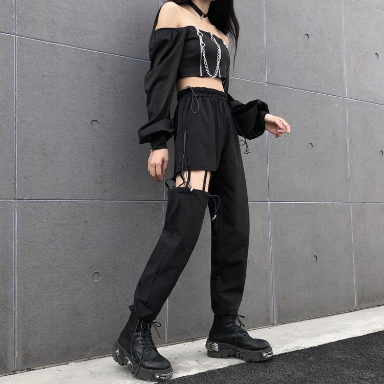 High Waist Plain Cutout Straight Leg Cargo Pants