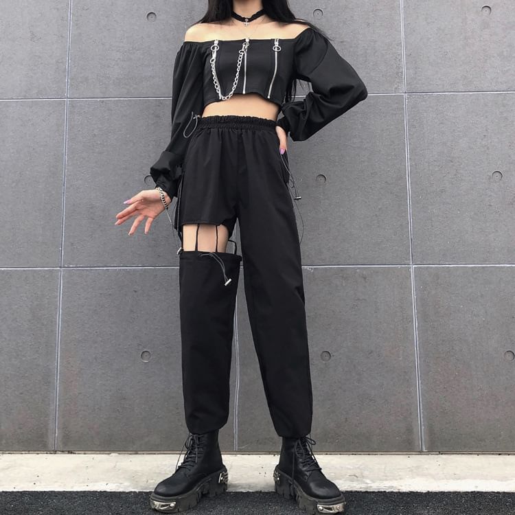 High Waist Plain Cutout Straight Leg Cargo Pants