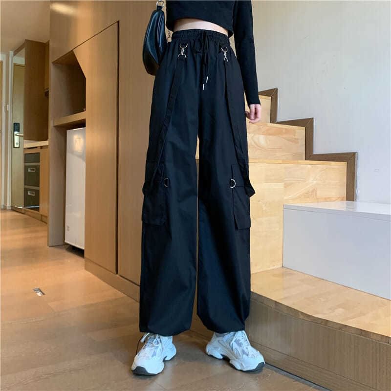 High Waist Plain Suspender Loose Fit Cargo pants