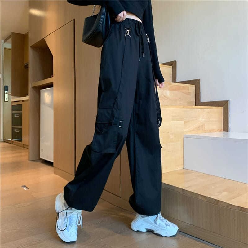 High Waist Plain Suspender Loose Fit Cargo pants
