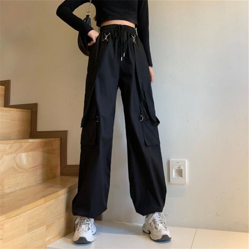 High Waist Plain Suspender Loose Fit Cargo pants