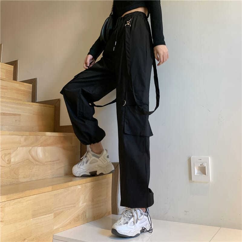 High Waist Plain Suspender Loose Fit Cargo pants