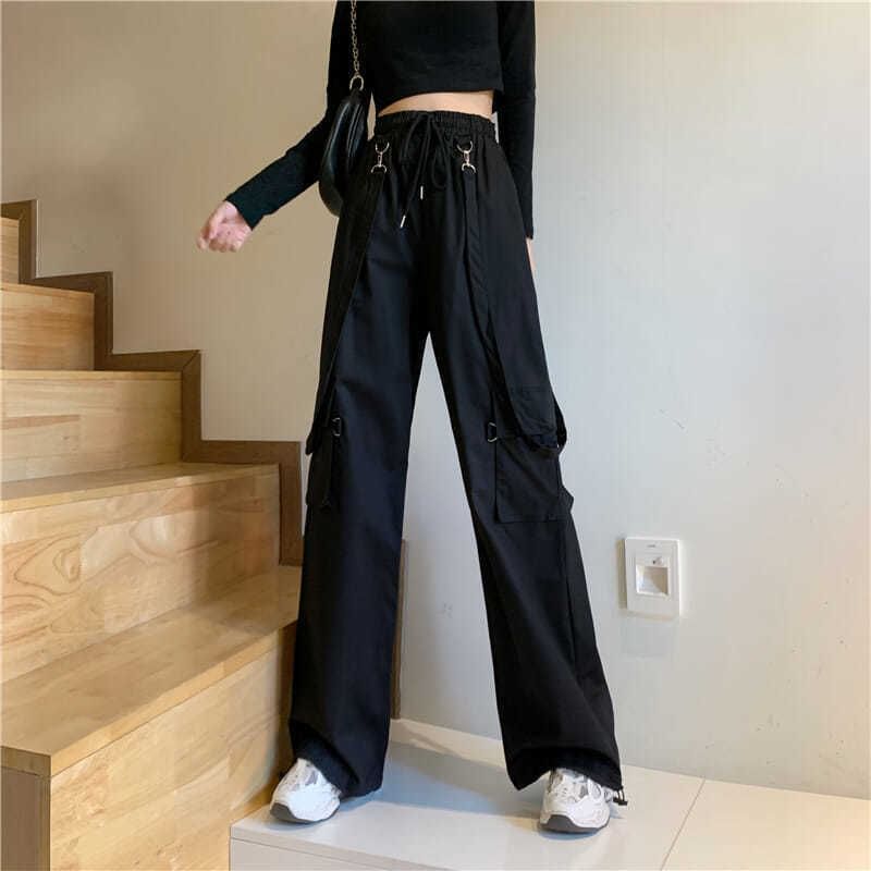 High Waist Plain Suspender Loose Fit Cargo pants