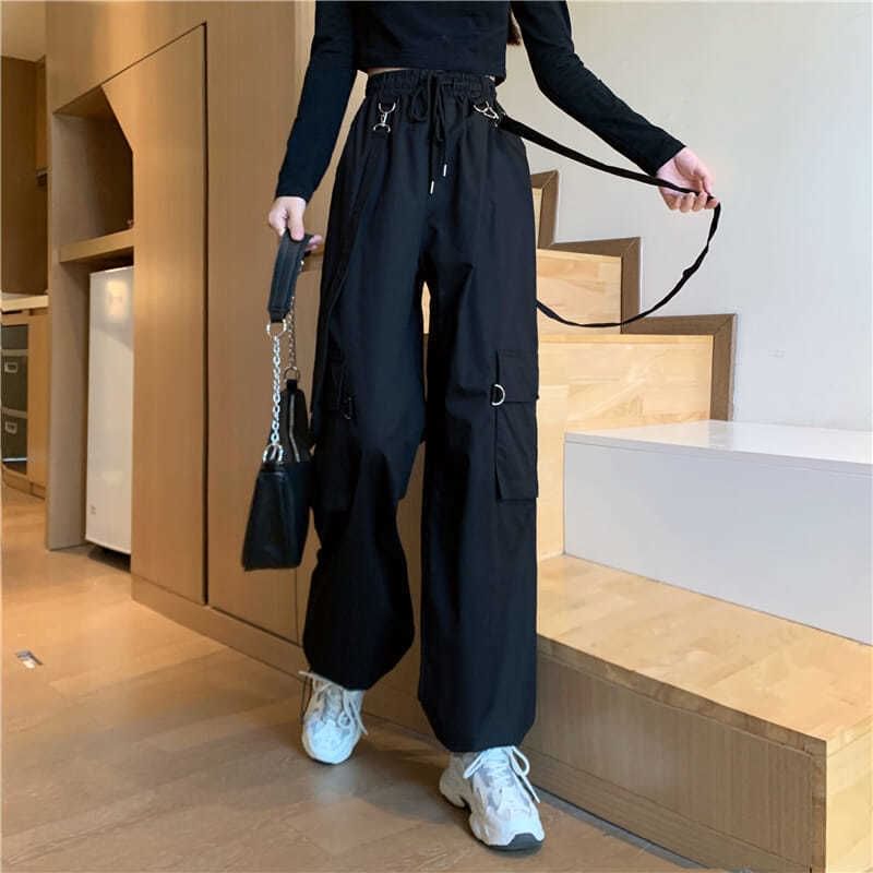 High Waist Plain Suspender Loose Fit Cargo pants