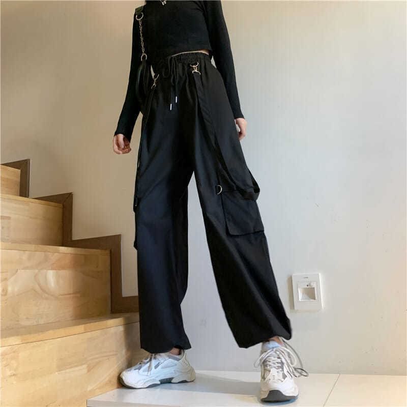 High Waist Plain Suspender Loose Fit Cargo pants