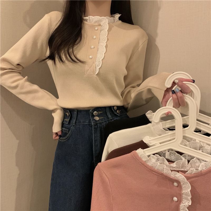 Stand Collar Lace Trim Half-Buttoned Knit Top