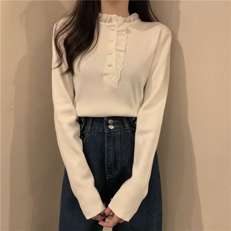 Stand Collar Lace Trim Half-Buttoned Knit Top