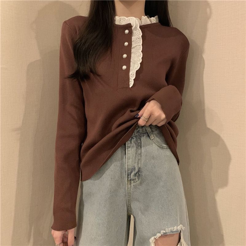 Stand Collar Lace Trim Half-Buttoned Knit Top