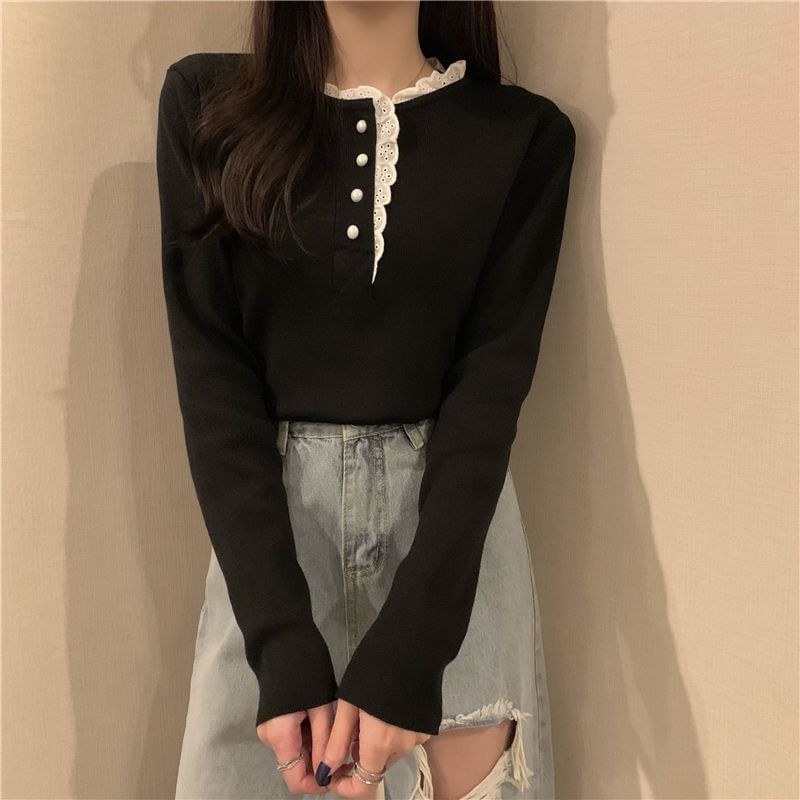 Stand Collar Lace Trim Half-Buttoned Knit Top