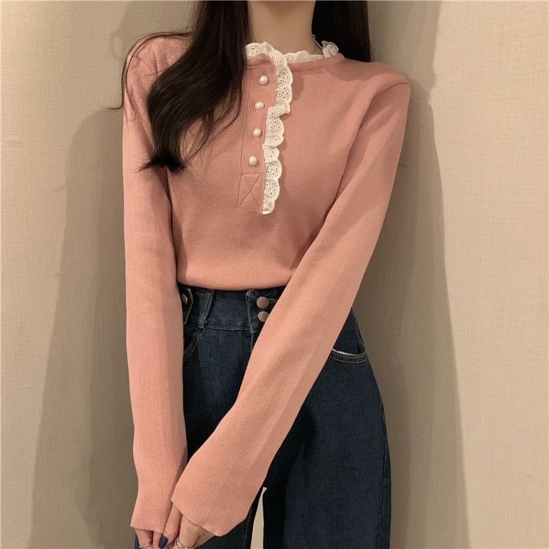 Stand Collar Lace Trim Half-Buttoned Knit Top