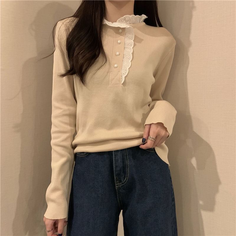 Stand Collar Lace Trim Half-Buttoned Knit Top