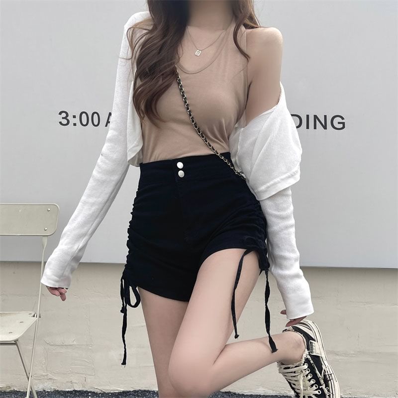 High Waist Drawstring Ruched Denim Hot Pants