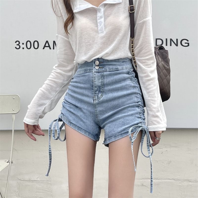 High Waist Drawstring Ruched Denim Hot Pants
