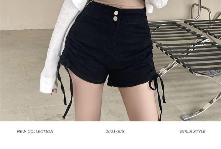 High Waist Drawstring Ruched Denim Hot Pants