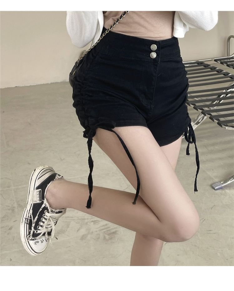 High Waist Drawstring Ruched Denim Hot Pants