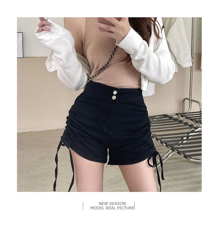 High Waist Drawstring Ruched Denim Hot Pants