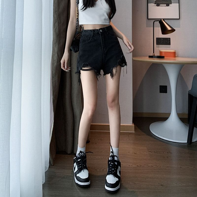 High Waist Washed Fringed Distressed Denim Wide Leg Shorts