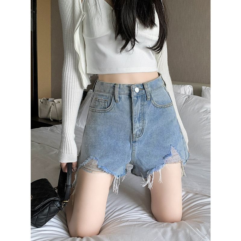 High Waist Washed Fringed Distressed Denim Wide Leg Shorts