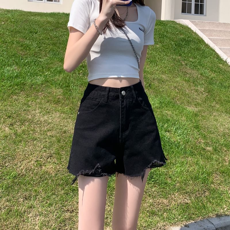 High Waist Washed Frayed Distressed Denim Wide Leg Shorts