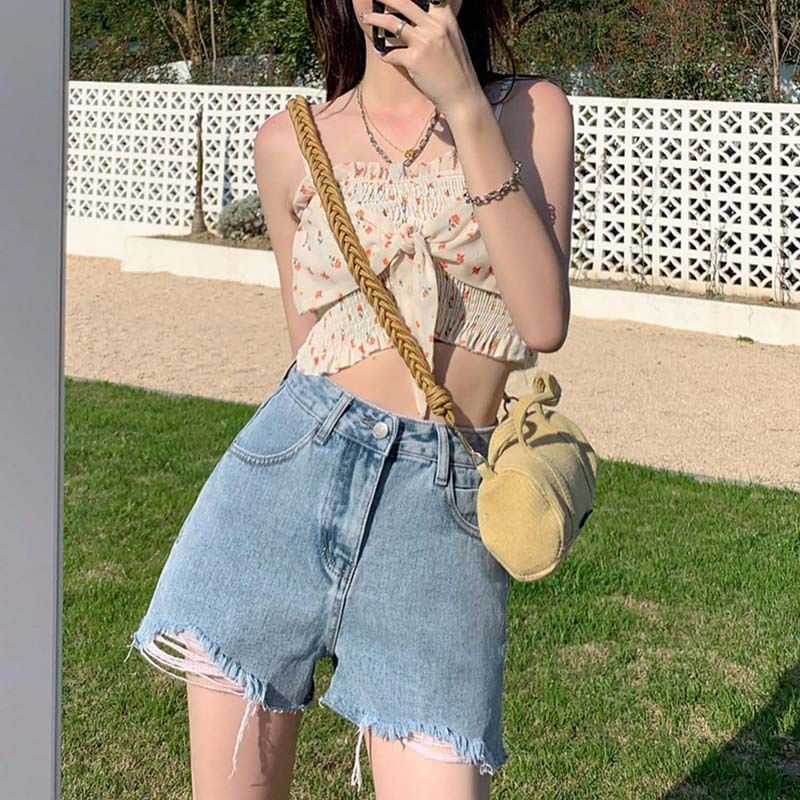High Waist Washed Frayed Distressed Denim Wide Leg Shorts