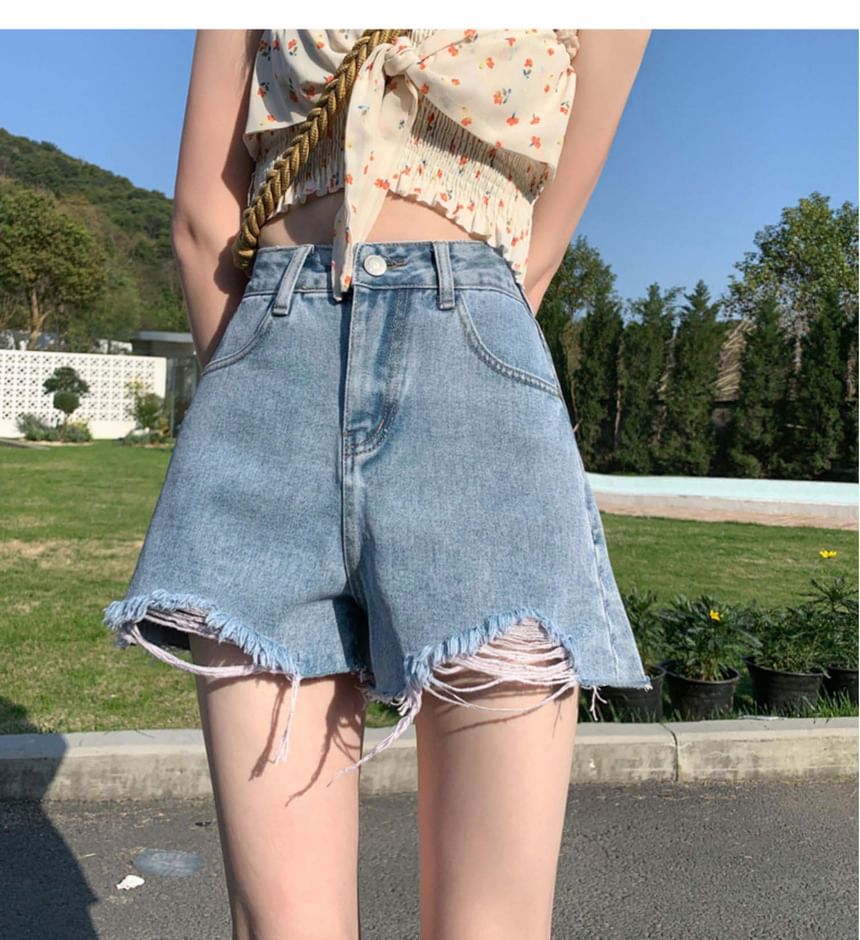 High Waist Washed Frayed Distressed Denim Wide Leg Shorts