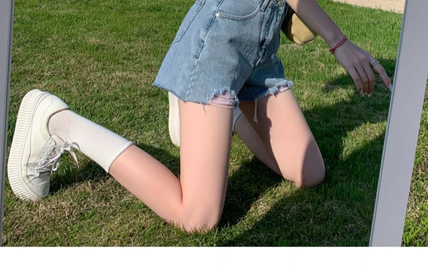 High Waist Washed Frayed Distressed Denim Wide Leg Shorts
