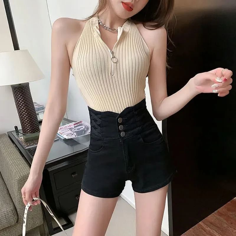 High Waist Plain Denim Hot Pants