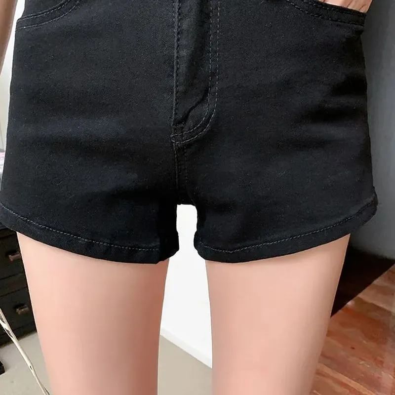 High Waist Plain Denim Hot Pants