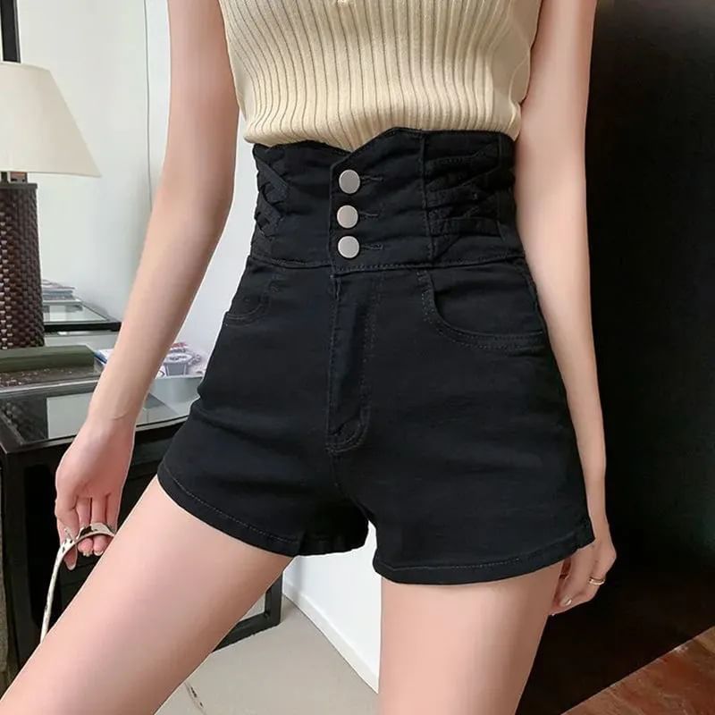 High Waist Plain Denim Hot Pants