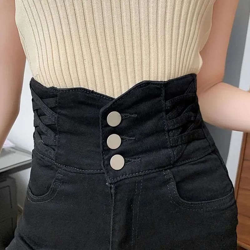 High Waist Plain Denim Hot Pants