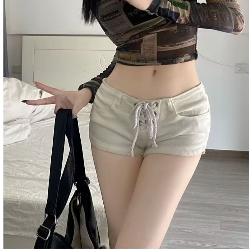 Low Rise Plain Lace-Up Denim Hot Pants