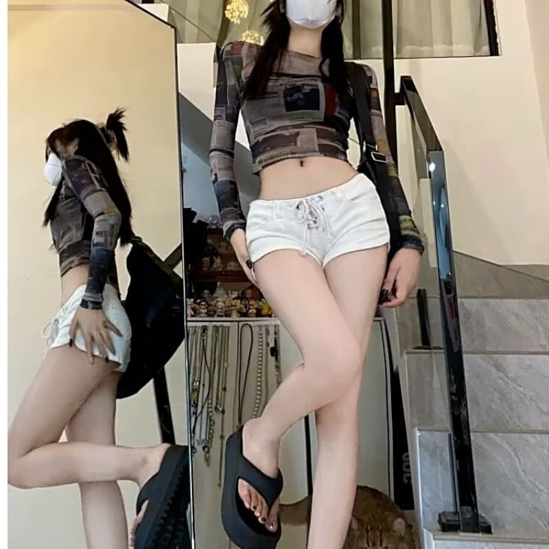 Low Rise Plain Lace-Up Denim Hot Pants