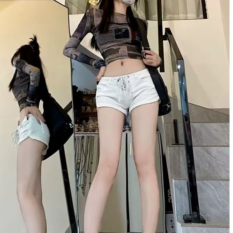 Low Rise Plain Lace-Up Denim Hot Pants