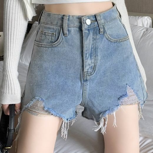 High Waist Washed Fringed Distressed Denim Wide Leg Shorts