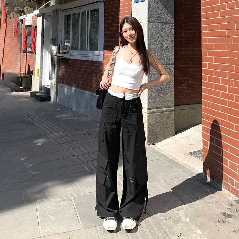 Drawstring Waist Panel Lace Wide Leg Cargo Pants (Various Designs)