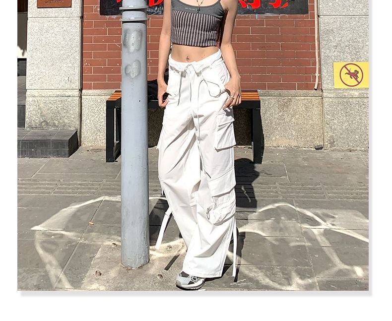 Drawstring Waist Panel Lace Wide Leg Cargo Pants (Various Designs)