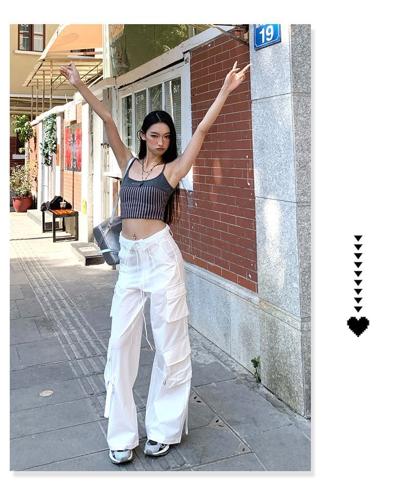 Drawstring Waist Panel Lace Wide Leg Cargo Pants (Various Designs)