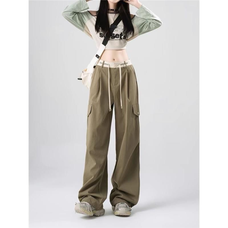 Low Rise Plain Wide Leg Cargo Pants