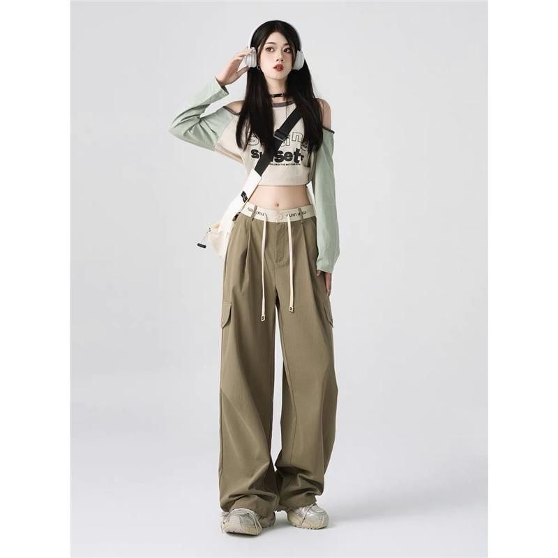 Low Rise Plain Wide Leg Cargo Pants