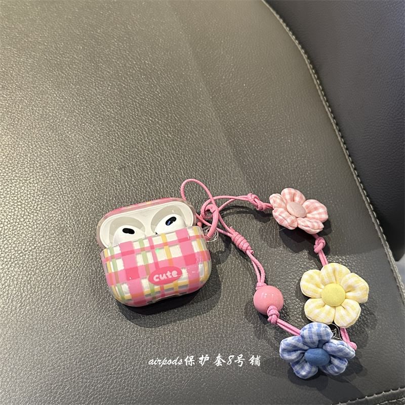 Plaid AirPods / Pro Earphone Case Skin / Floral Strap / Set