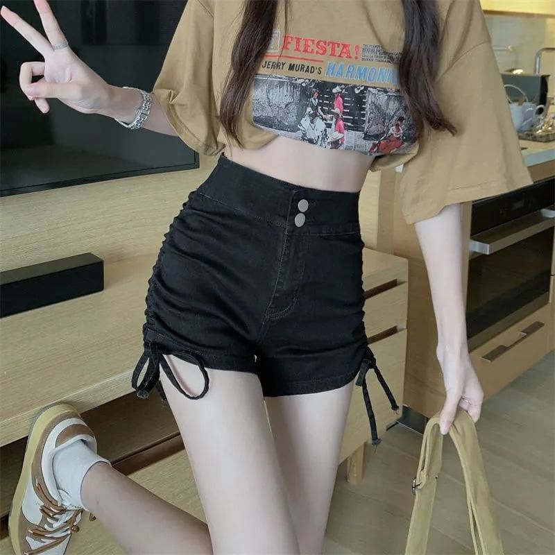 High Waist Washed Denim Drawstring Shorts