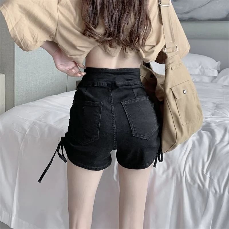 High Waist Washed Denim Drawstring Shorts