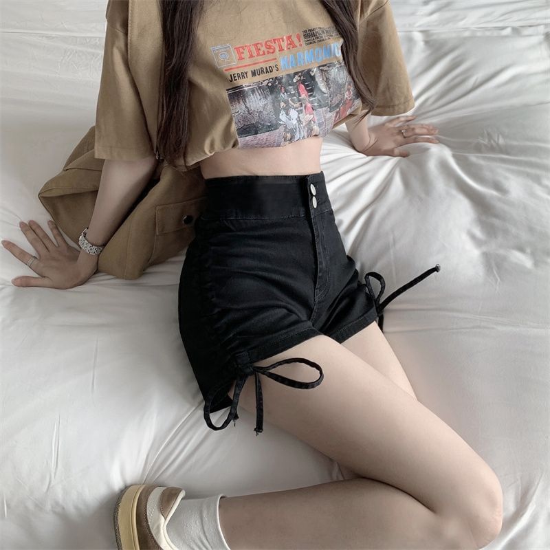 High Waist Washed Denim Drawstring Shorts