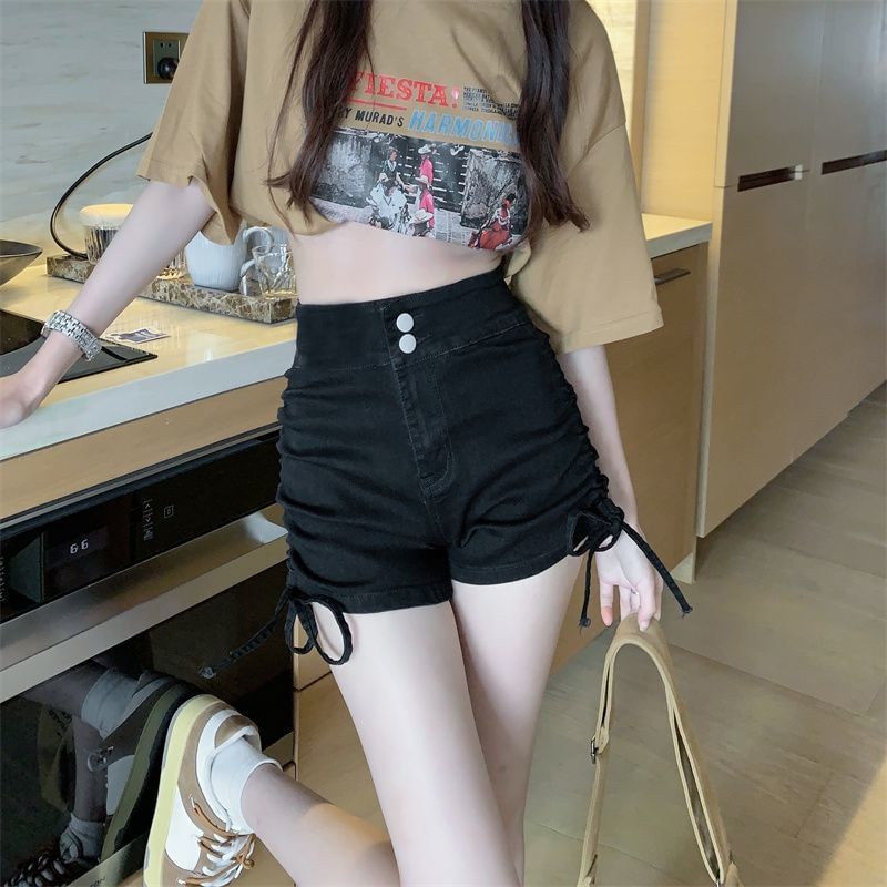 High Waist Washed Denim Drawstring Shorts