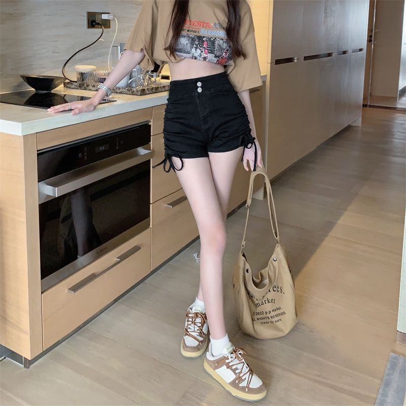 High Waist Washed Denim Drawstring Shorts