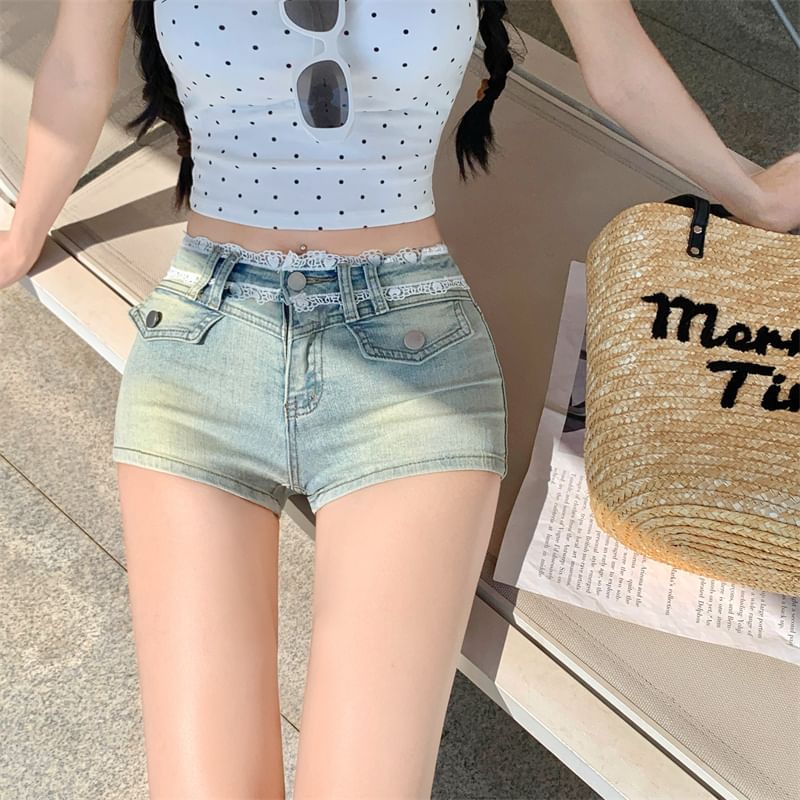 Mid Rise Lace Trim Washed Denim Hot Pants