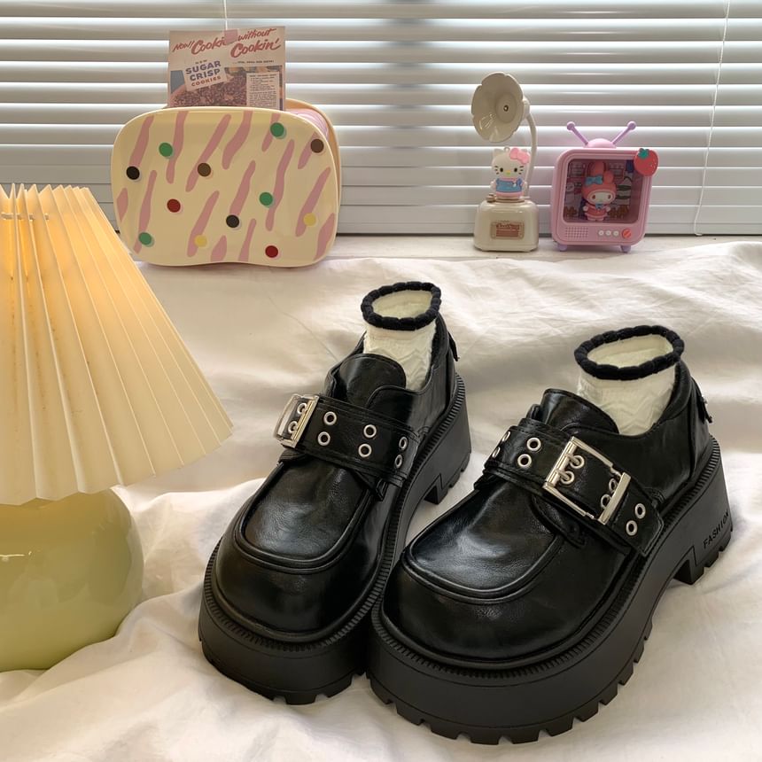 Faux Leather Buckle Platform Loafers