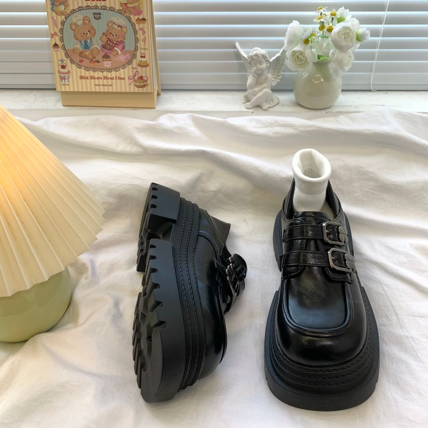 Faux Leather Buckle Strap Platform Loafers