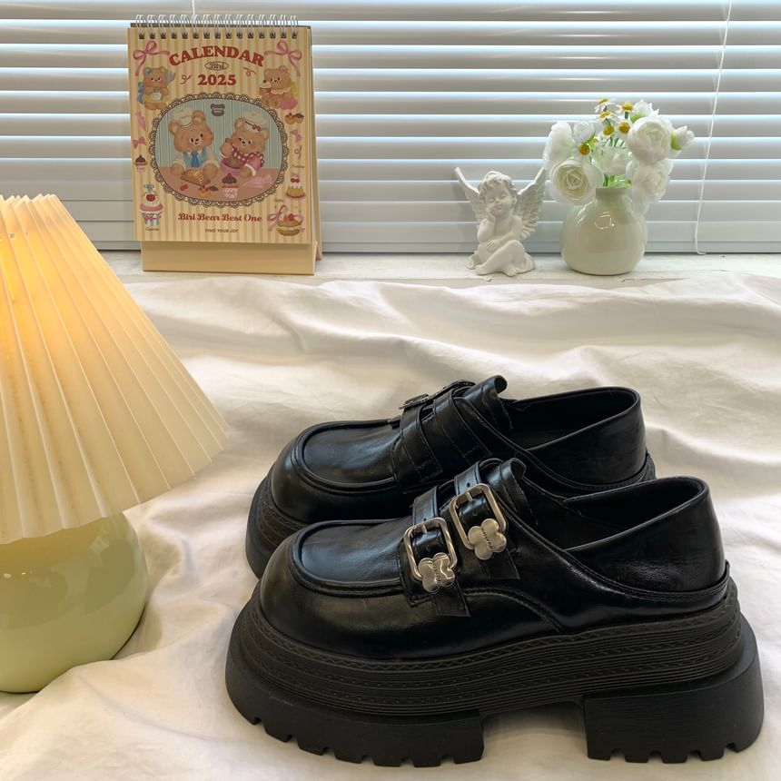 Faux Leather Buckle Strap Platform Loafers
